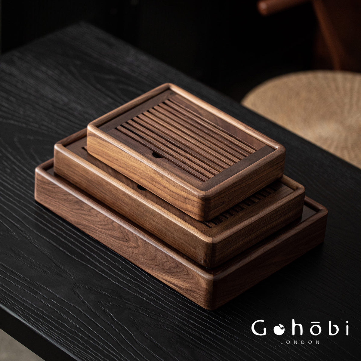 Gohobi Black Walnut Wood Tea Tray – Rectangular Solid Wood Gongfu Dry Brewing Tray