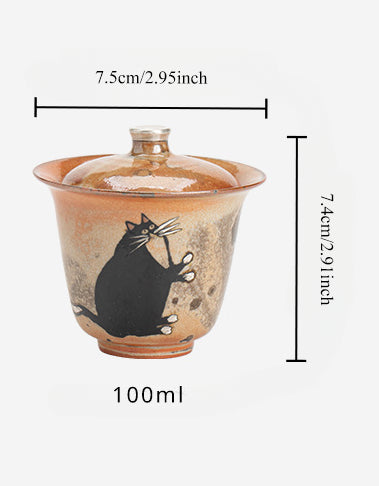 Gaiwan chat peint à la main à l'encre noire fait main Gohobi 010