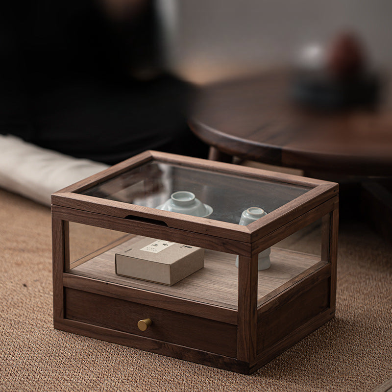 Armoire à thé en verre et bois de noyer Gohobi avec tiroir
