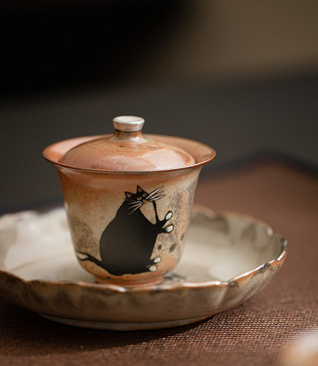 Gaiwan chat peint à la main à l'encre noire fait main Gohobi 010
