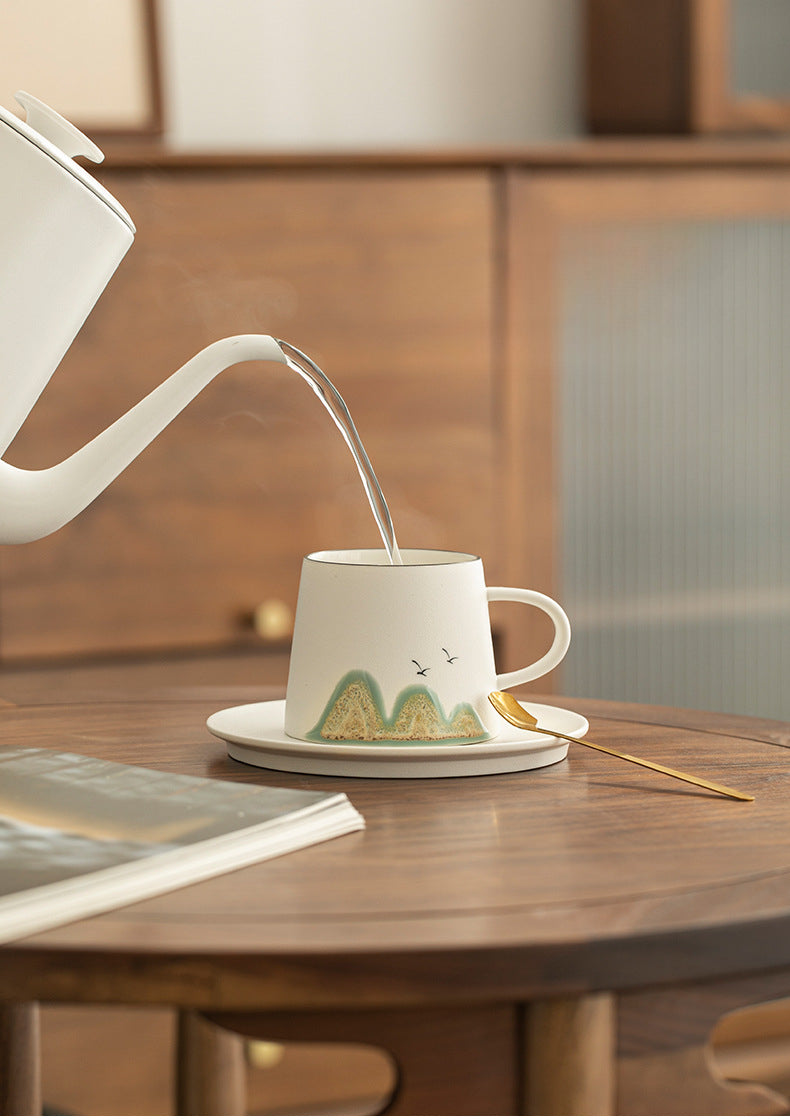Ensemble tasse à café et soucoupe en grès fait main à motif artistique chinois Gohobi