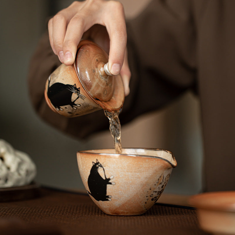 Gaiwan chat peint à la main à l'encre noire fait main Gohobi 010