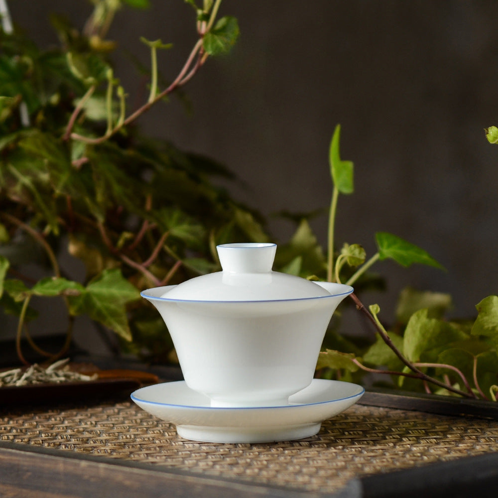 Gaiwan en céramique classique fait main Gohobi à bord bleu et blanc