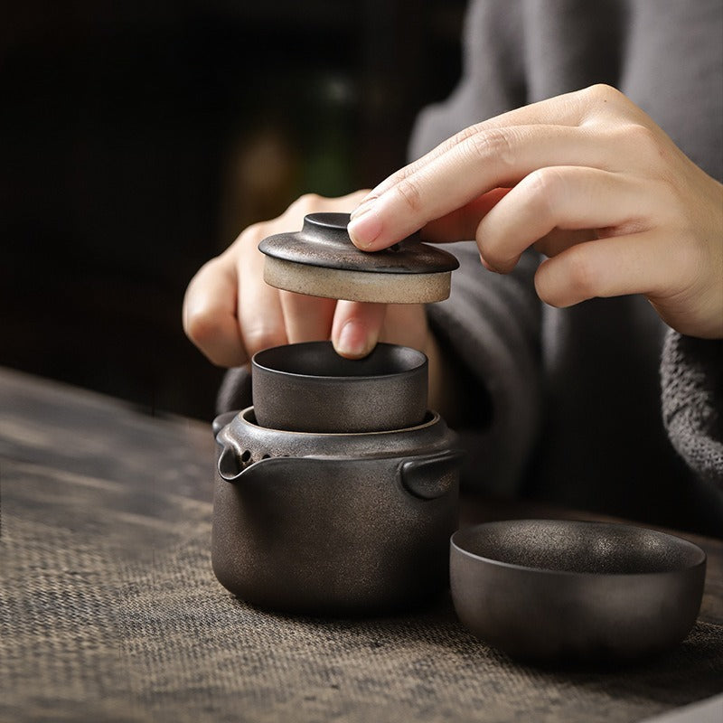 Gohobi Vintage Rustic Ceramic Travel Tea Set