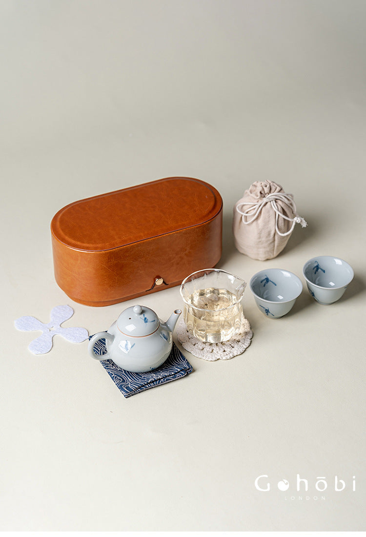 Gohobi Hand-Painted Orchid Travel Tea Set – Portable Gongfu Teapot Gift Set with Leather Case