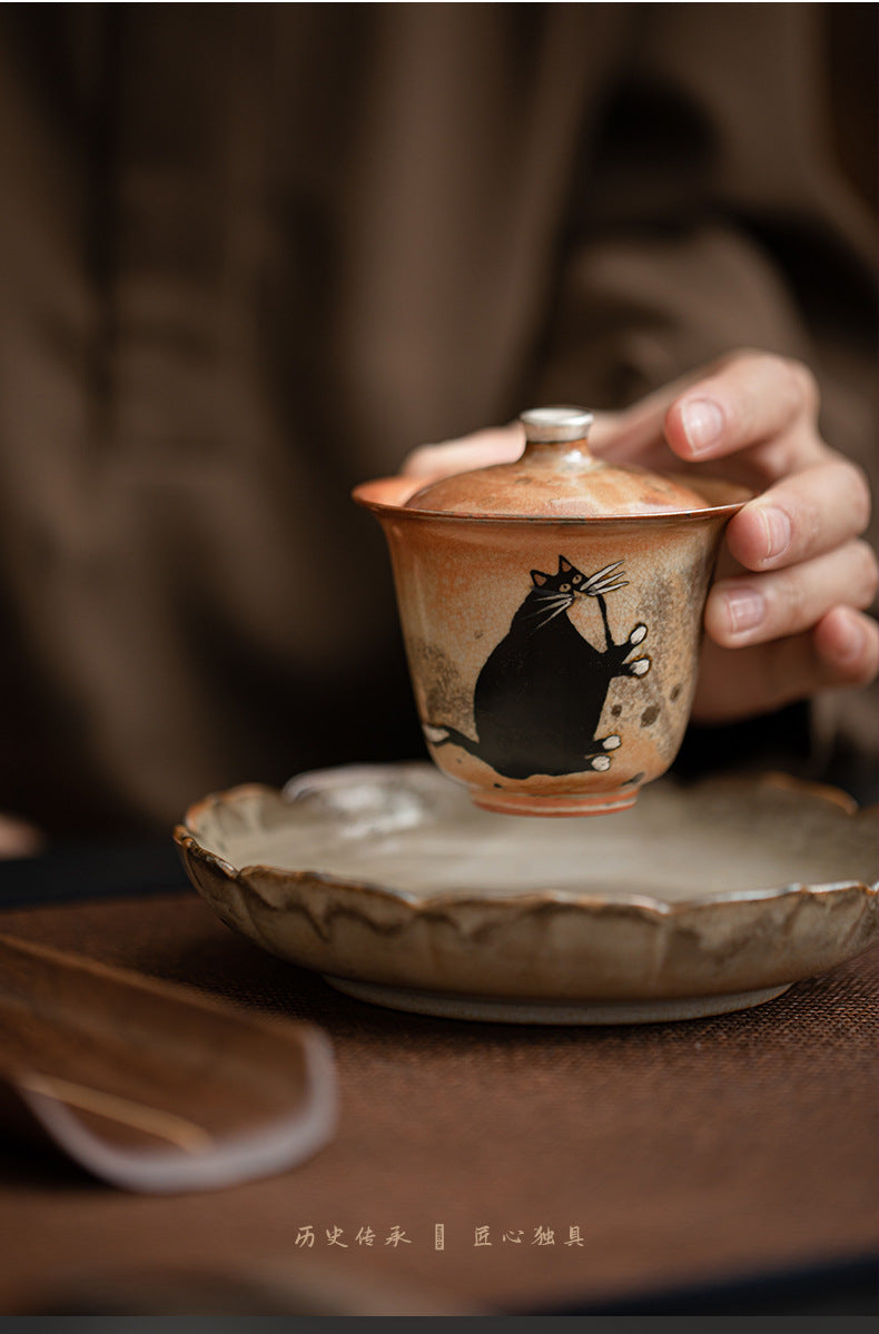 Gaiwan chat peint à la main à l'encre noire fait main Gohobi 010