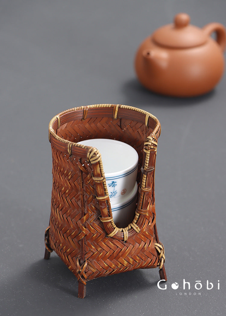 Gohobi Bamboo Woven Tea Cup Holder Basket – Zen Style Tea Cup Storage Tube & Chopstick Basket
