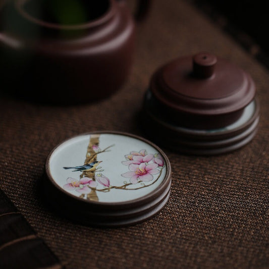 Gohobi Hand painted drink coaster ceramic Flowers Birds Bees Butterfly teapot lid stand Chinese Gongfu tea Japanese Chado mini coasters