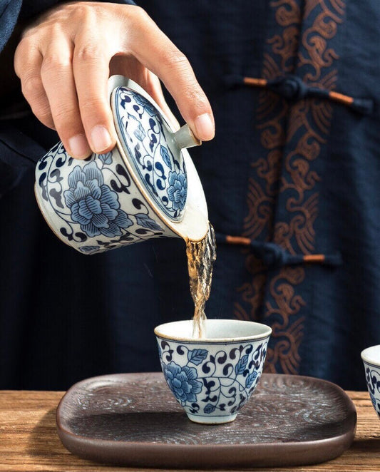 Gohobi blue and white porcelain gaiwan set Oriental tea set handmade Chinese Gongfu tea Kung fu tea Japanese Chado