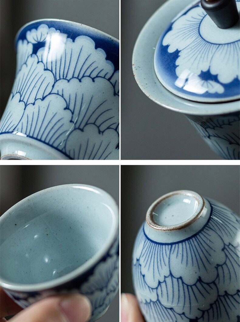 Gohobi blue and white porcelain gaiwan set Oriental tea set handmade Chinese Gongfu tea Kung fu tea Japanese Chado