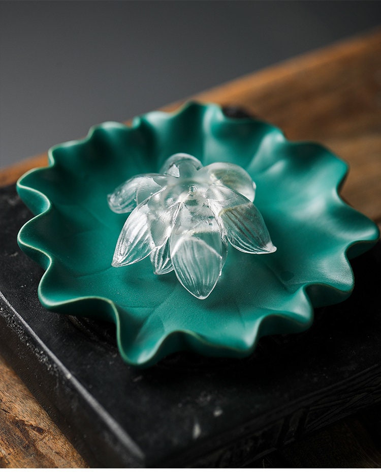 Gohobi Handmade glass incense burner pink and clear lotus Incense stick holder Gongfu tea Japanese Lotus