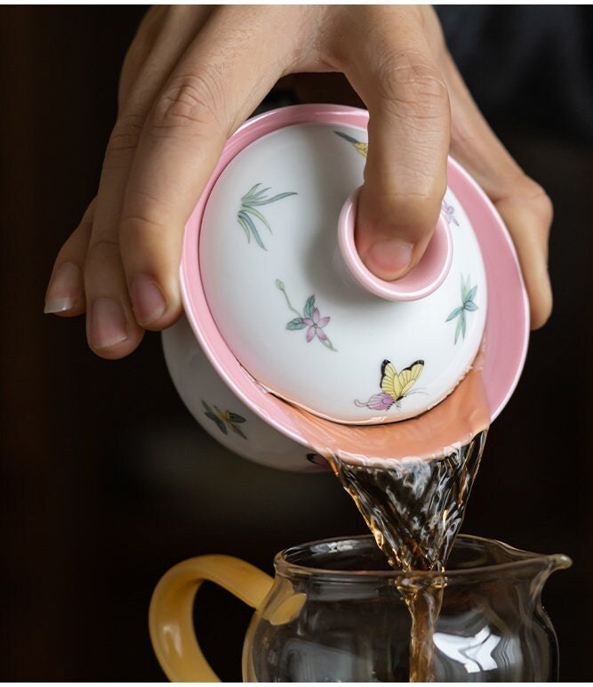 Gohobi Handmade Butterfly gaiwan pink purple Tea cup rare hand painted Rustic Minimalistic Japan Gongfu tea