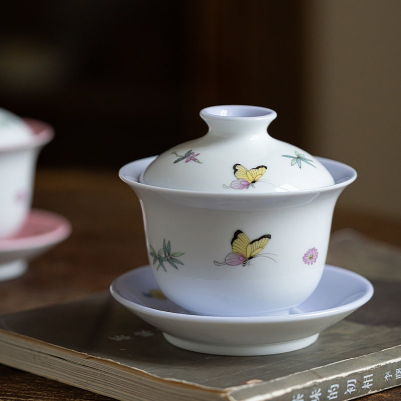 Gohobi Handmade Butterfly gaiwan pink purple Tea cup rare hand painted Rustic Minimalistic Japan Gongfu tea