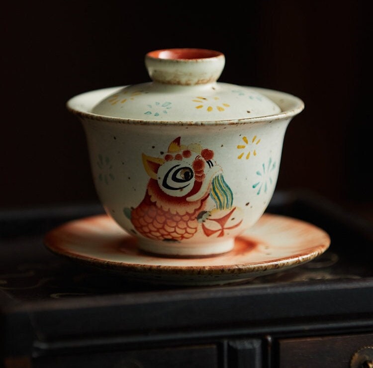 Gohobi Hand painted Chinese Lion dance Gaiwan Tea Cup Ceramic Chinese Gongfu tea Kung fu tea Japanese Chado