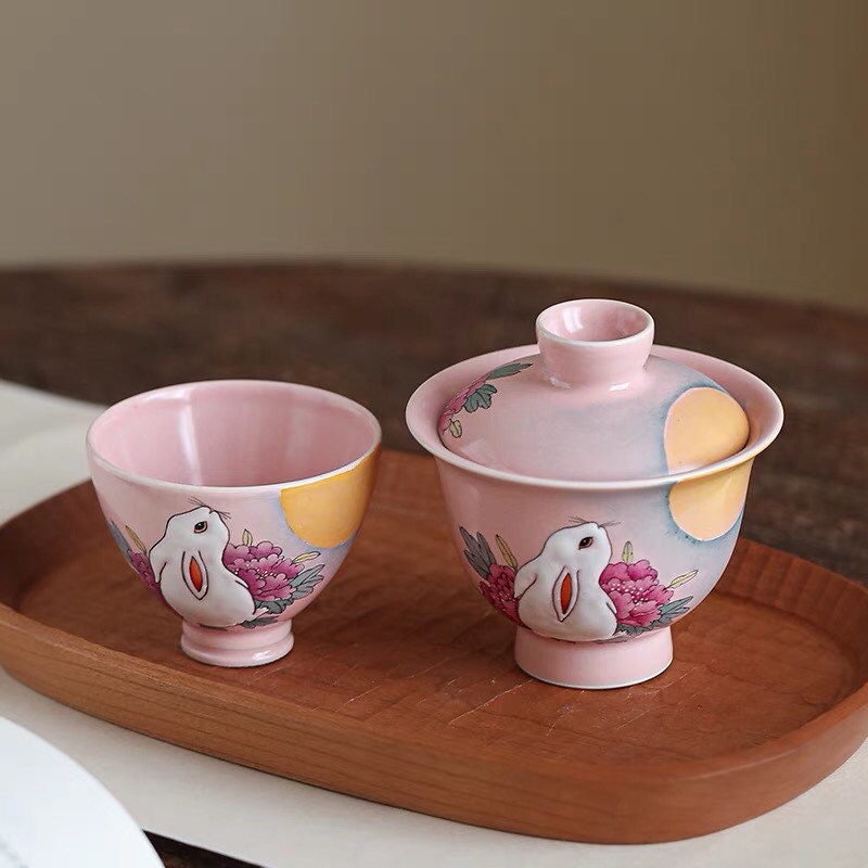 Gohobi Rabbit Handmade Pink gaiwan, Hand painted, vintage, high quality, Rustic, Minimalistic Japanese Tea, Green Tea, Gongfu tea