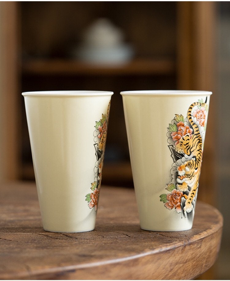 Gohobi Tiger Handmade Large drink cup tea cup Hand painted, Rustic, Minimalistic Japanese Tea, Green Tea, Gongfu tea