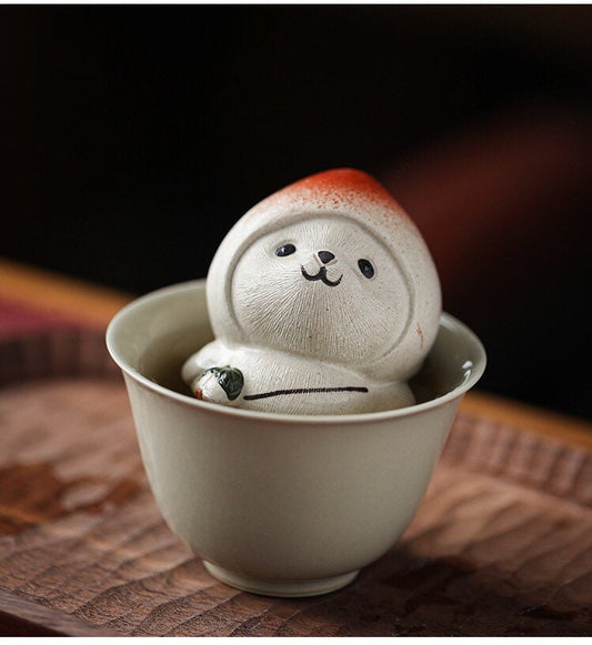 Gohobi Handmade cat ornaments peach panda Tea pets ceramic YiXing clay Chinese Gongfu tea Kung fu tea Japanese Chado unique ornaments
