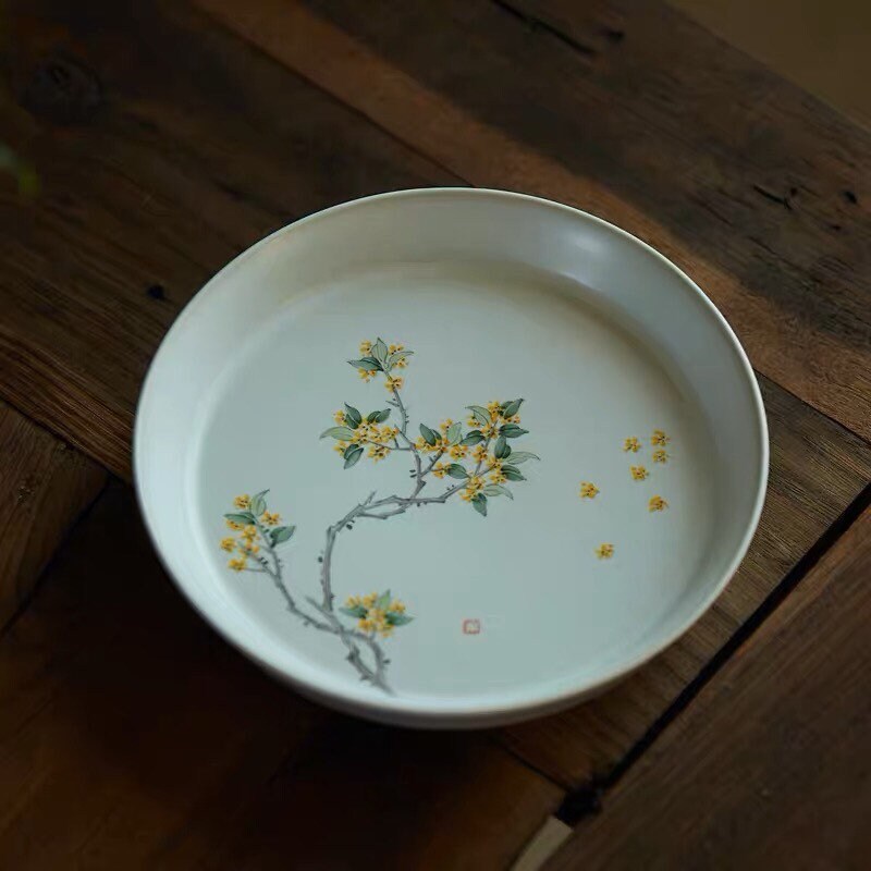 Gohobi Hand painted tea tray ceramic Flowers Osmanthus handmade tea saucer Chinese Gongfu tea tray Kung fu Japanese Chado tea ceremony