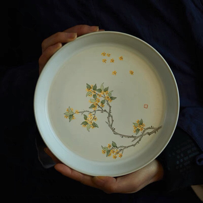 Gohobi Hand painted tea tray ceramic Flowers Osmanthus handmade tea saucer Chinese Gongfu tea tray Kung fu Japanese Chado tea ceremony