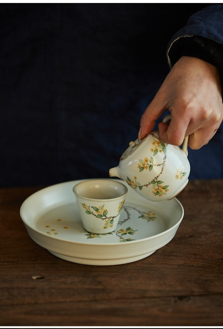 Gohobi Hand painted tea tray ceramic Flowers Osmanthus handmade tea saucer Chinese Gongfu tea tray Kung fu Japanese Chado tea ceremony