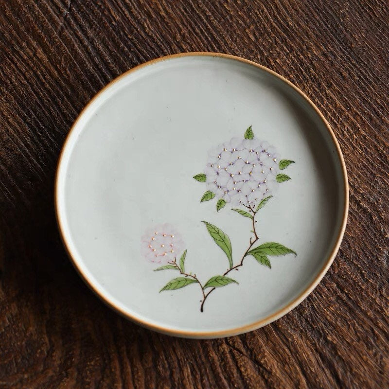 Gohobi Hand painted tea tray ceramic Flowers handmade tea saucer Chinese Gongfu tea tray Kung fu Japanese Chado Hydrangea tea ceremony