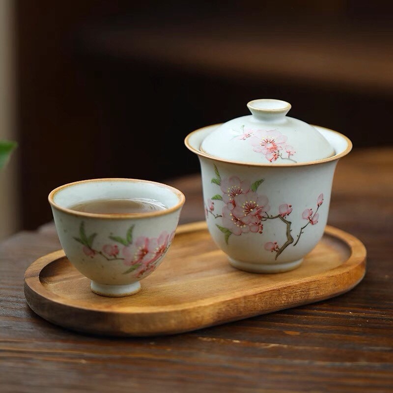 Gohobi Handmade floral gaiwan Tea cup Set, Hand painted, vintage, high quality, Rustic, Japanese Tea, Green Tea, Gongfu tea