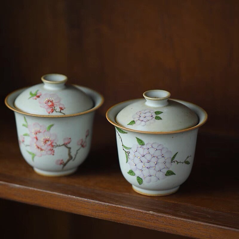Gohobi Handmade floral gaiwan Tea cup Set, Hand painted, vintage, high quality, Rustic, Japanese Tea, Green Tea, Gongfu tea