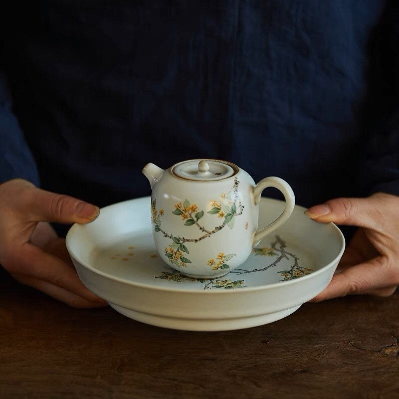 Gohobi Hand painted tea tray ceramic Flowers Osmanthus handmade tea saucer Chinese Gongfu tea tray Kung fu Japanese Chado tea ceremony