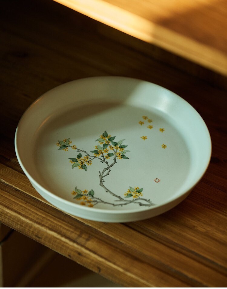 Gohobi Hand painted tea tray ceramic Flowers Osmanthus handmade tea saucer Chinese Gongfu tea tray Kung fu Japanese Chado tea ceremony