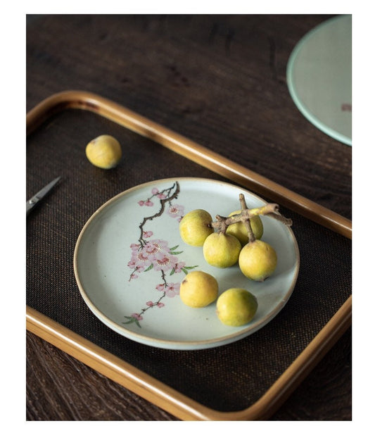 Gohobi Hand painted tea tray ceramic Flowers handmade tea saucer Chinese Gongfu tea tray Kung fu Japanese Chado peach blossom tea ceremony
