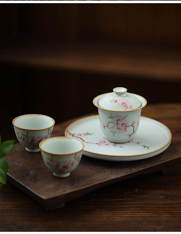 Gohobi Handmade floral gaiwan Tea cup Set, Hand painted, vintage, high quality, Rustic, Japanese Tea, Green Tea, Gongfu tea