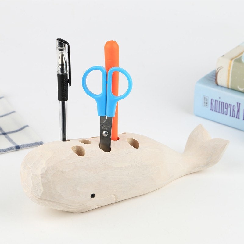 Gohobi Hand crafted wooden white whale pen holder organiser ornaments unique gift for him for her