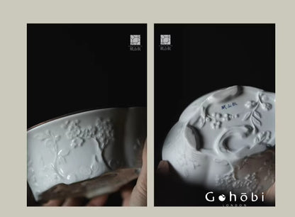 [賦山敘 x Gohobi] Gohobi Begonia Carved Tin Lid Tea Boat – Ceramic Dry Brew Tea Tray with Water Storage