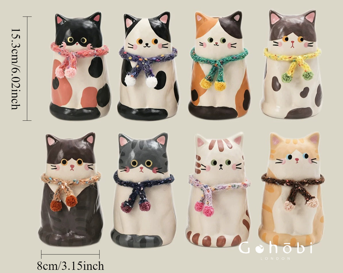 Gohobi Cute Cat Ceramic Vase – Handmade Jingdezhen Ikebana Flower Vase