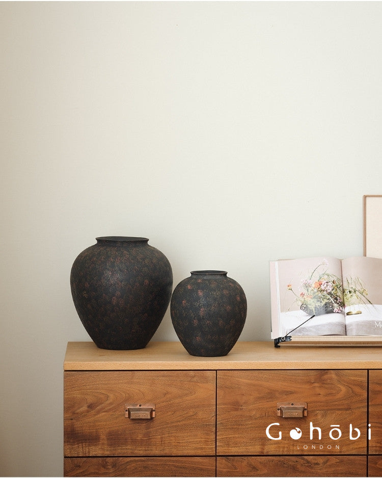 Gohobi Wabi-Sabi Japanese Style Large Black Sand Vase – Handmade Floor Standing Ceramic Flower Vase