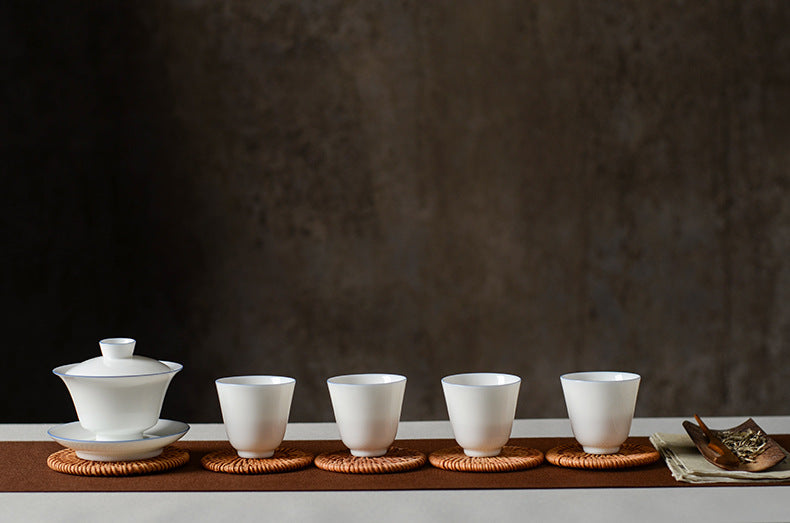 Gohobi Handmade Classic White Blue Rim Ceramic Tea Cup (Thin 60ml version)