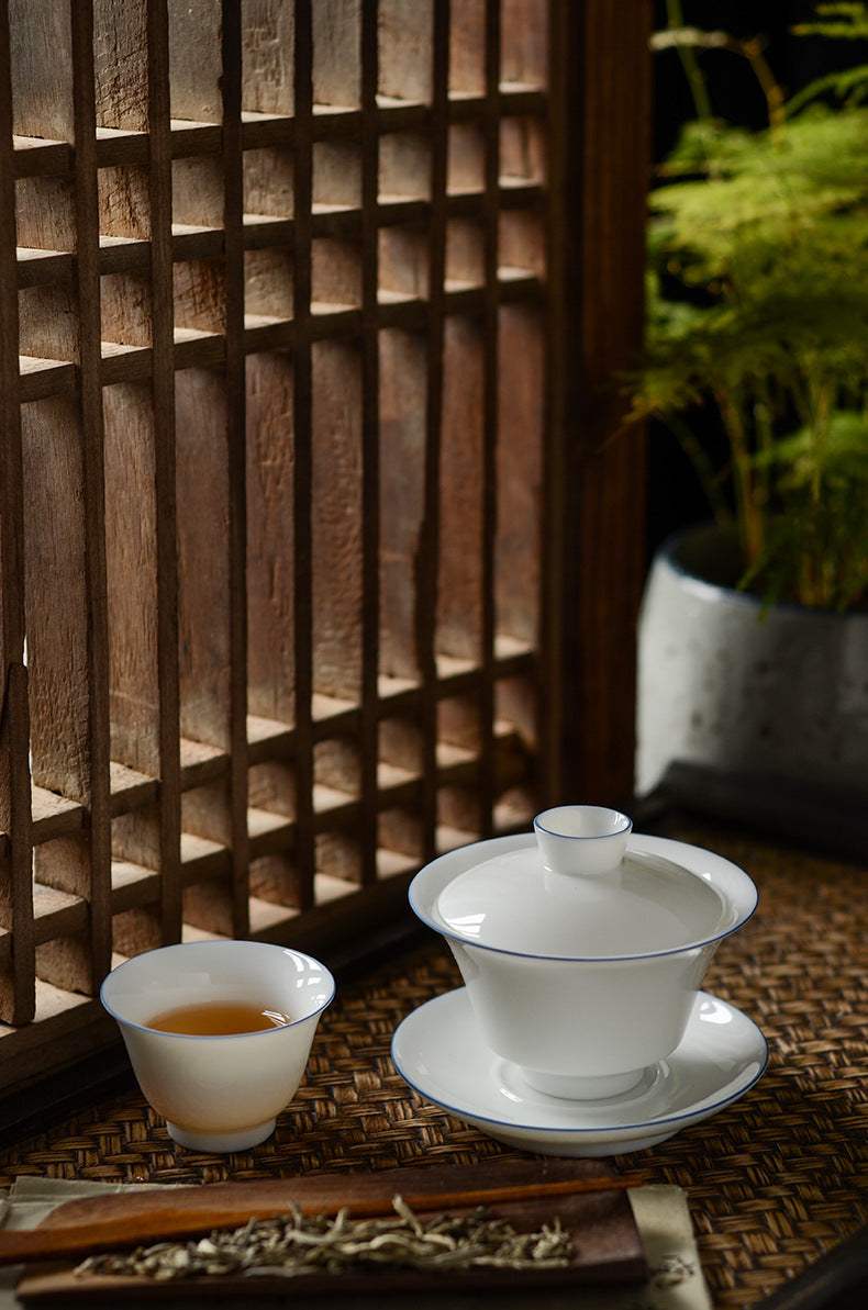 Gohobi Handmade Classic White Blue Rim Ceramic Tea Cup (Standard 60ml version)