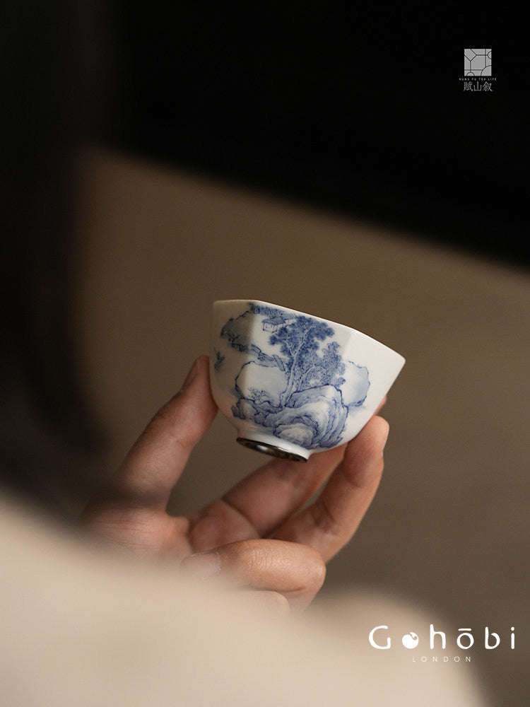 [賦山敘 x Gohobi] Gohobi Jingdezhen Hand-Painted Blue and White Landscape Teacup – Hexagonal Silver Foot Gongfu Tea Cup