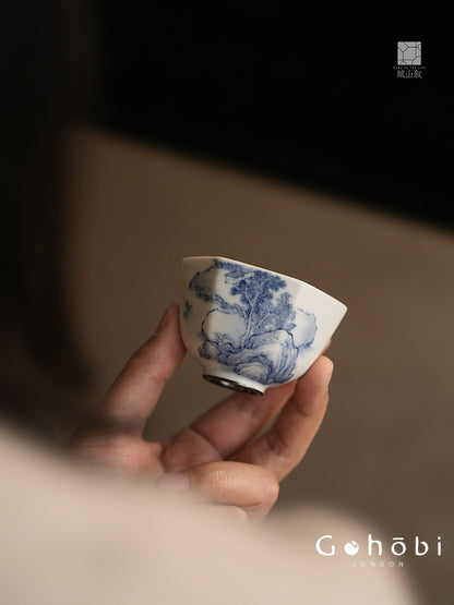 [賦山敘 x Gohobi] Gohobi Jingdezhen Hand-Painted Blue and White Landscape Teacup – Hexagonal Silver Foot Gongfu Tea Cup