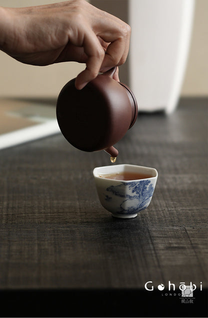 [賦山敘 x Gohobi] Gohobi Jingdezhen Hand-Painted Blue and White Landscape Teacup – Hexagonal Silver Foot Gongfu Tea Cup