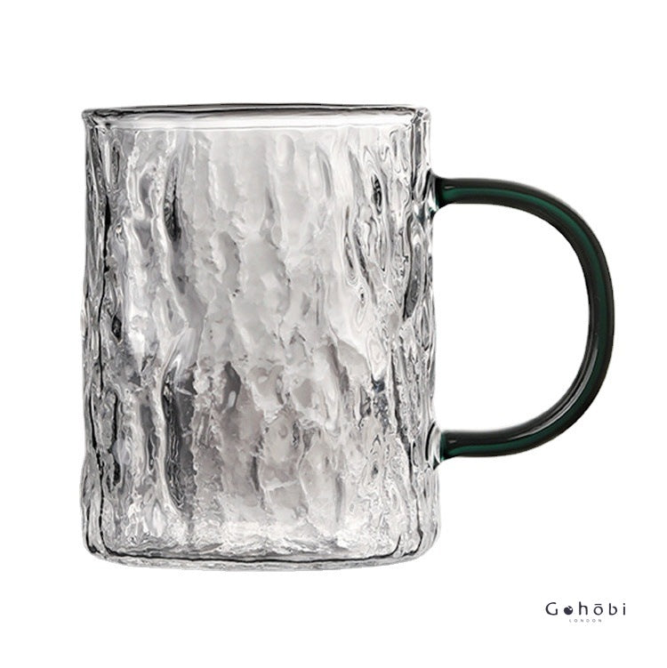 Gohobi Japanese Style Glass Mug with Heat-resistant Hammer Pattern and Transparent Green Handle