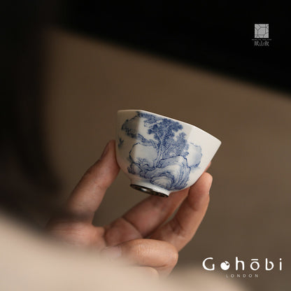 [賦山敘 x Gohobi] Gohobi Jingdezhen Hand-Painted Blue and White Landscape Teacup – Hexagonal Silver Foot Gongfu Tea Cup