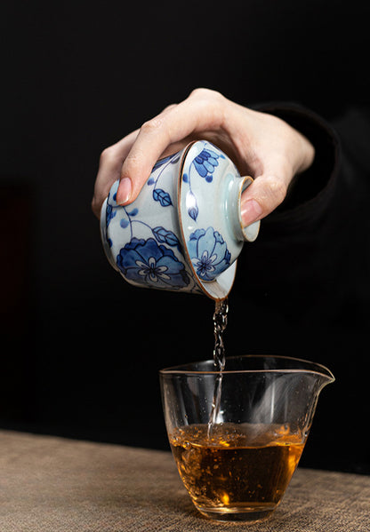 Gohobi Blue and White Lotus Gaiwan Three-Piece Set