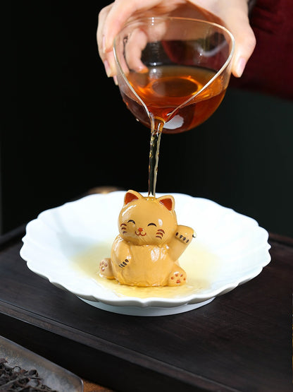 Gohobi Yixing Purple Clay Lucky Cat Tea Pet – Handmade Fortune Cat Tea Table Ornament