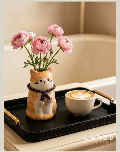 Gohobi Cute Cat Ceramic Vase – Handmade Jingdezhen Ikebana Flower Vase