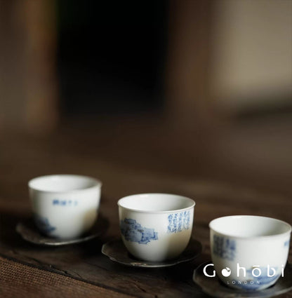 [賦山敘 x Gohobi] Gohobi Jingdezhen Hand-Painted Blue and White Mountain Teacup – Ruoshen Style Gongfu Tea Tasting Cup