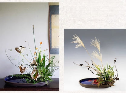 Gohobi Extra Large Oval Ikebana Bowl – Japanese Ceramic Flower Arrangement Vessel