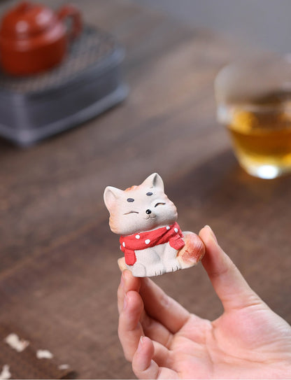 Gohobi Yixing Purple Clay Fox Cat Tea Pet – Hand-Painted Lucky Cat Ornament