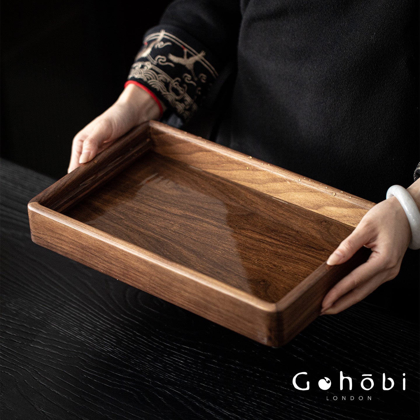 Gohobi Black Walnut Wood Tea Tray – Rectangular Solid Wood Gongfu Dry Brewing Tray