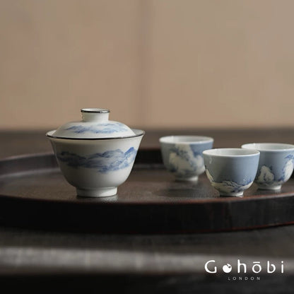 [賦山敘 x Gohobi] Gohobi Jingdezhen Blue and White Landscape Gaiwan – Silver Rim Ceramic Gongfu Tea Bowl